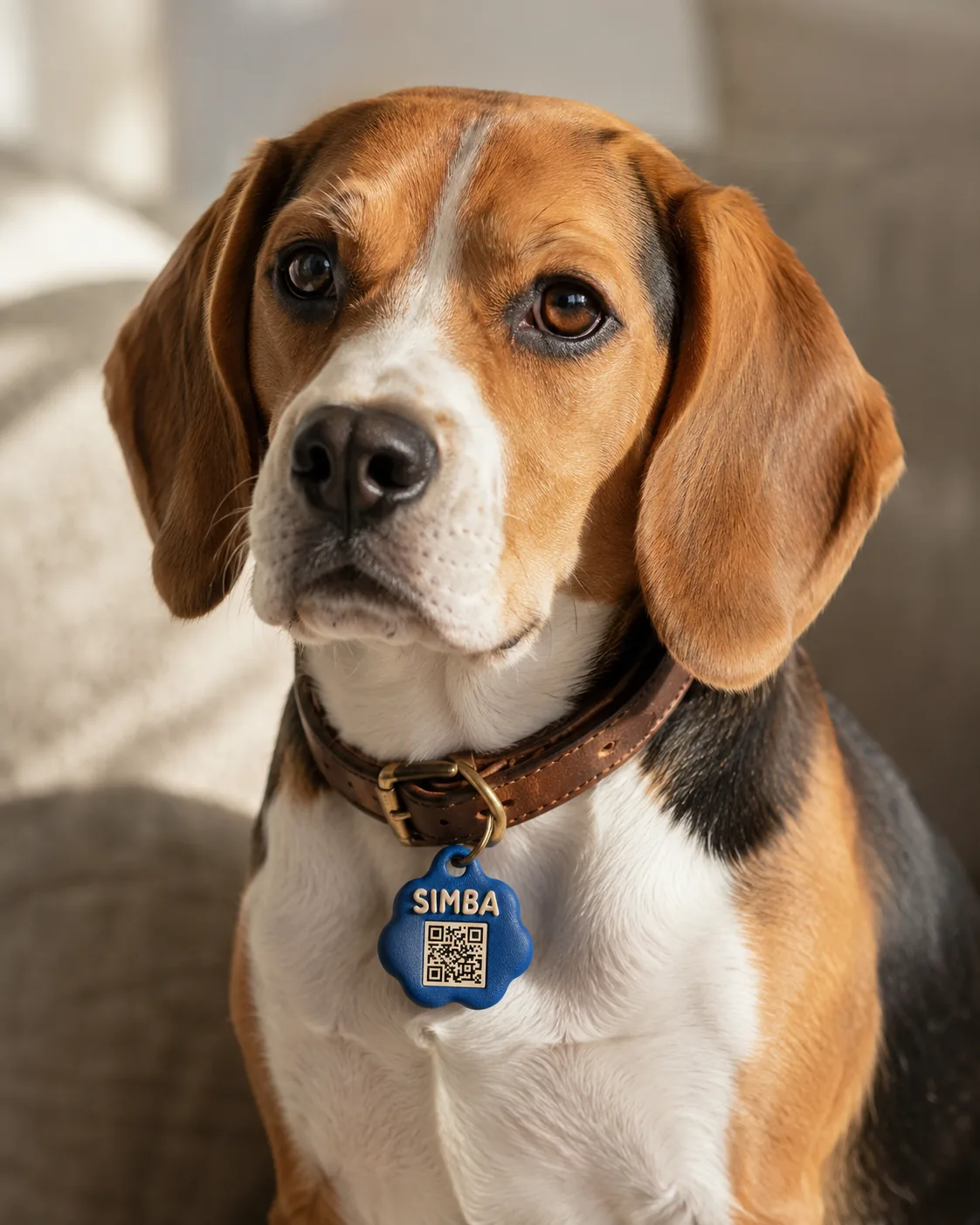 Beagle wearing a blue Doppel Smart Pet Tag