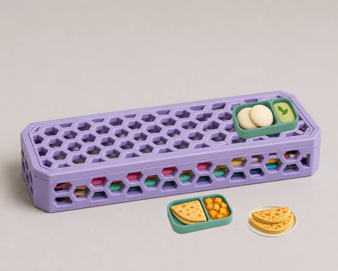Tiffin honeycomb pencil box with food tokens on the Today’s Tiffin tray