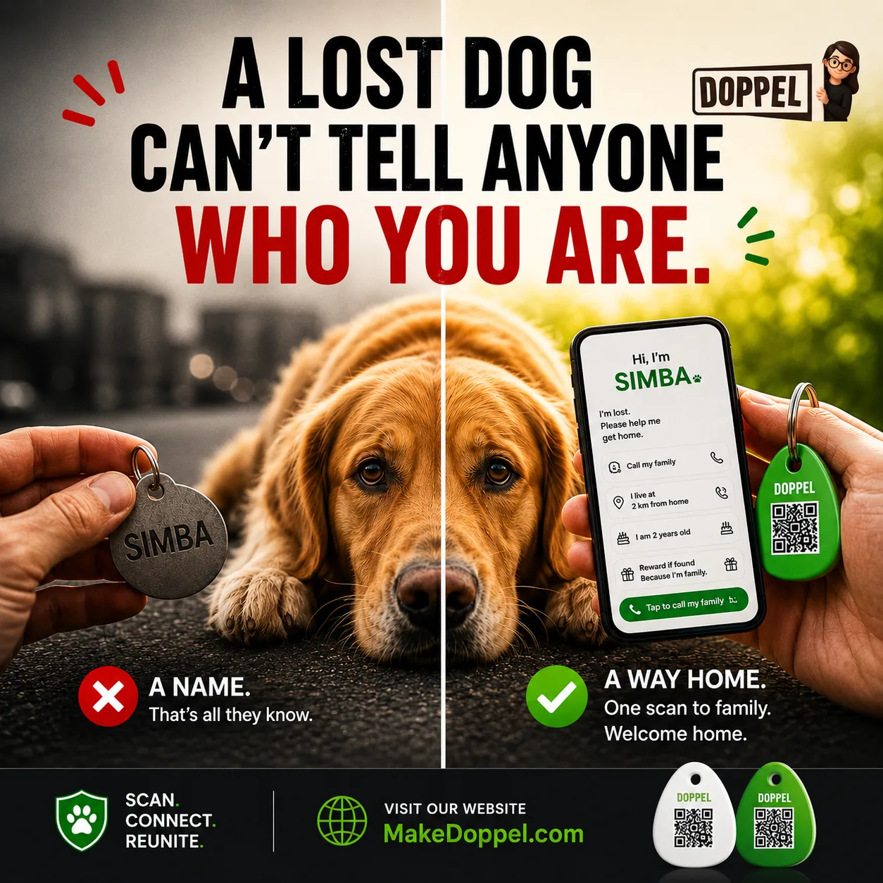 A name-only pet tag is just jewellery — a Doppel QR tag opens your pet's page so a finder can call you